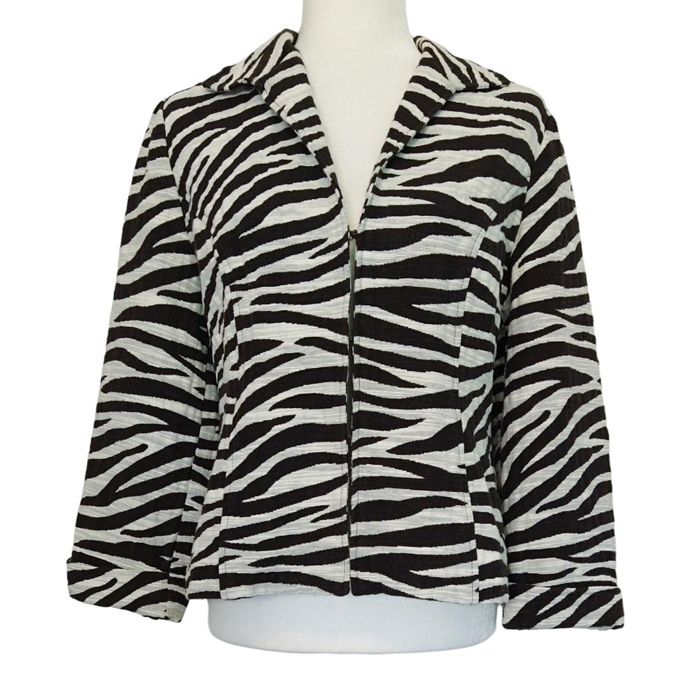 Chico's Zebra Stripe Animal Print Brown White V-Neck Jacket Modern